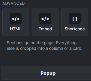 Advanced elements: HTML, Embed, Shortcode and Popup