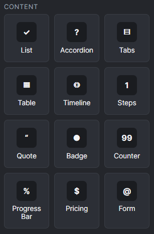 Content elements: List, Accordion, Tabs, Table, Timeline, Steps, Quote, Badge, Counter, Progress Bar, Pricing, Form