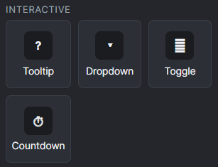 Interactive elements: Tooltip, Dropdown, Toggle, Countdown