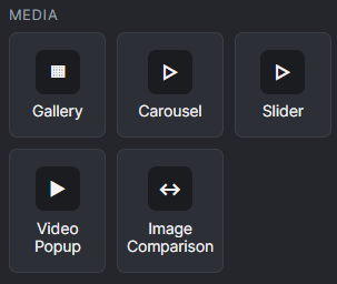 Media elements: Gallery, Carousel, Slider, Video Popup, Image Comparison