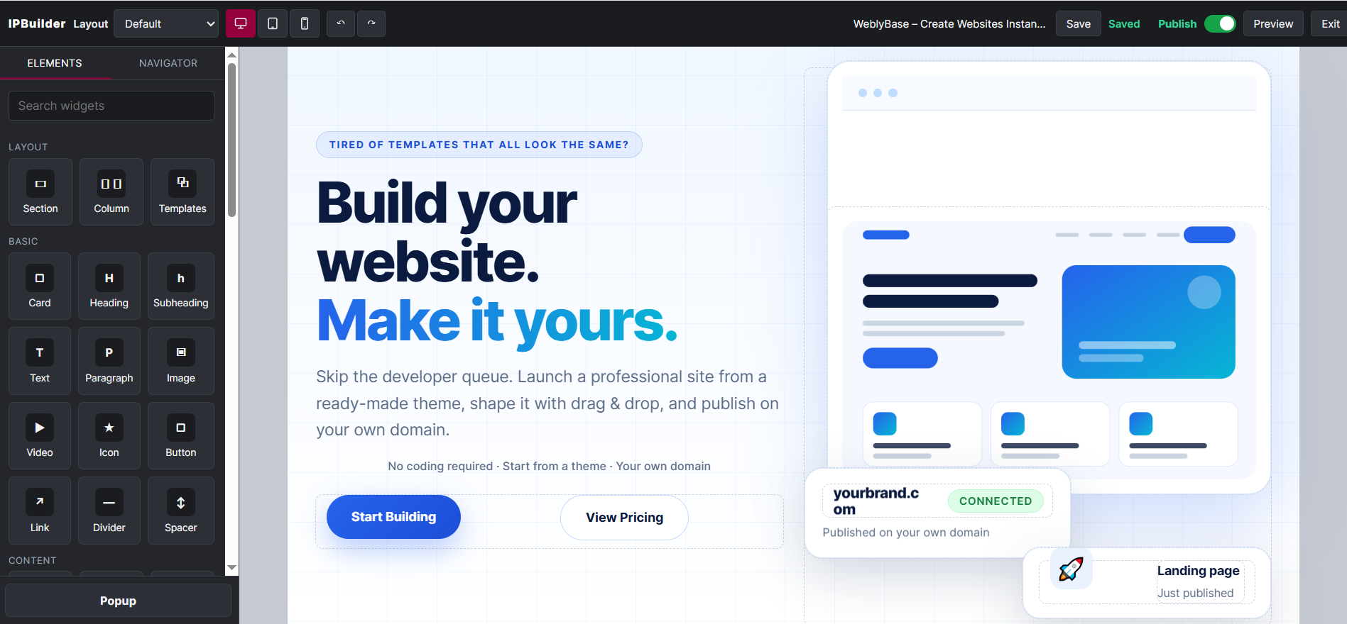 WeblyBase Page Builder editor with the Elements panel and live canvas